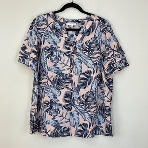 Coral Bay Women's Linen Blend Blue Pink Tropical Puff Sleeve Ruffle Top XL Beach